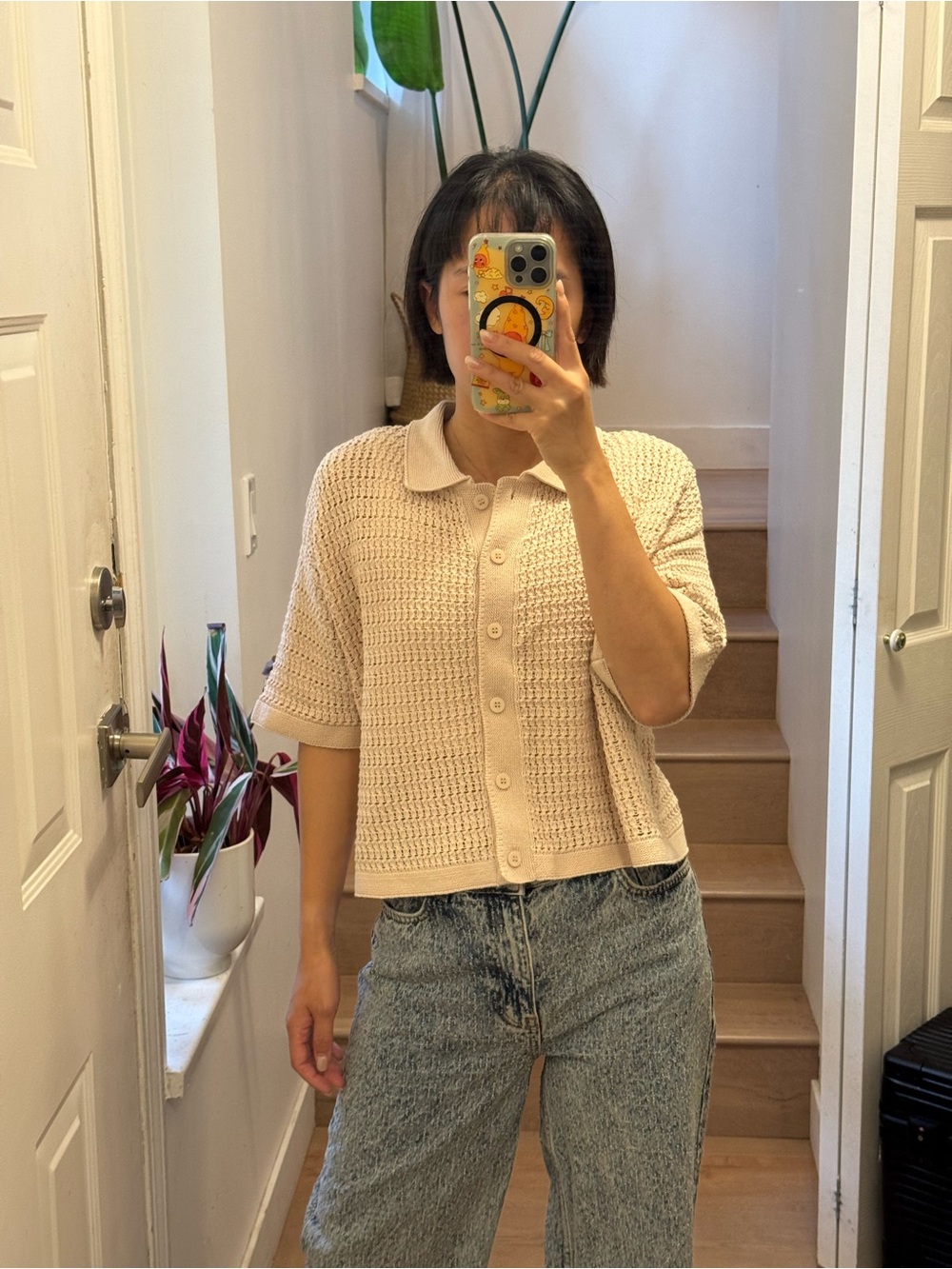 DR2 Cropped Knit Button-Down Polo in Cream